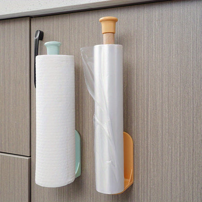 Kitchen Essentials Set: Wall-Mounted Storage Rack with Paper Towel Holder - Includes Hardwood and Artificial Board Organizer for Paper, Towels, and Cling Film. Easy No-Drill Installation for Home Organization.