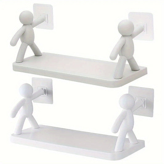 Self-adhesive plastic shelf featuring cartoon figures, suitable for bathroom or kitchen use. This rack requires no drilling for installation and can store spice jars. Made from non-wood material and does not require power.