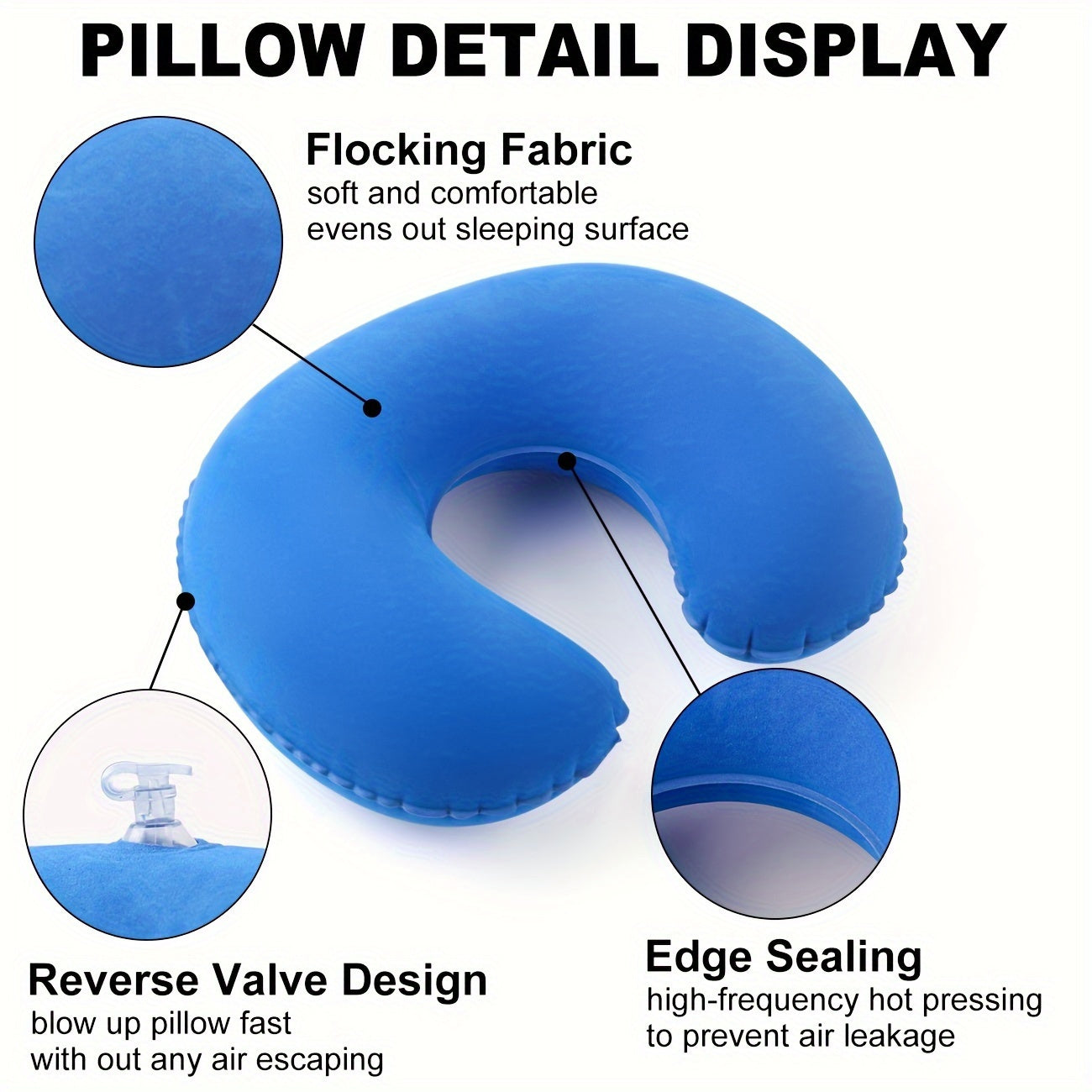 Travel in comfort with the Ultra-Comfort Inflatable U-Shaped Travel Pillow, providing neck support for car and airplane journeys. The pillow features a soft PVC flocking cover that is hand washable for easy maintenance.