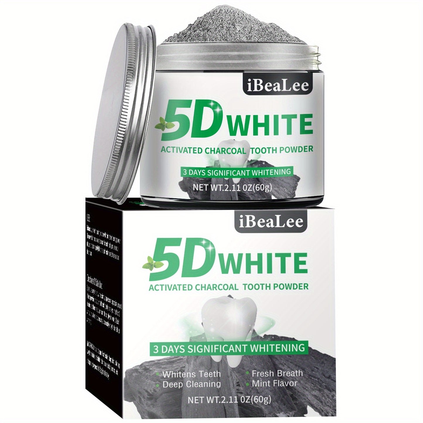 Activated charcoal powder whitens teeth, removes coffee and tea stains, freshens breath, and polishes teeth for daily use by both men and women.