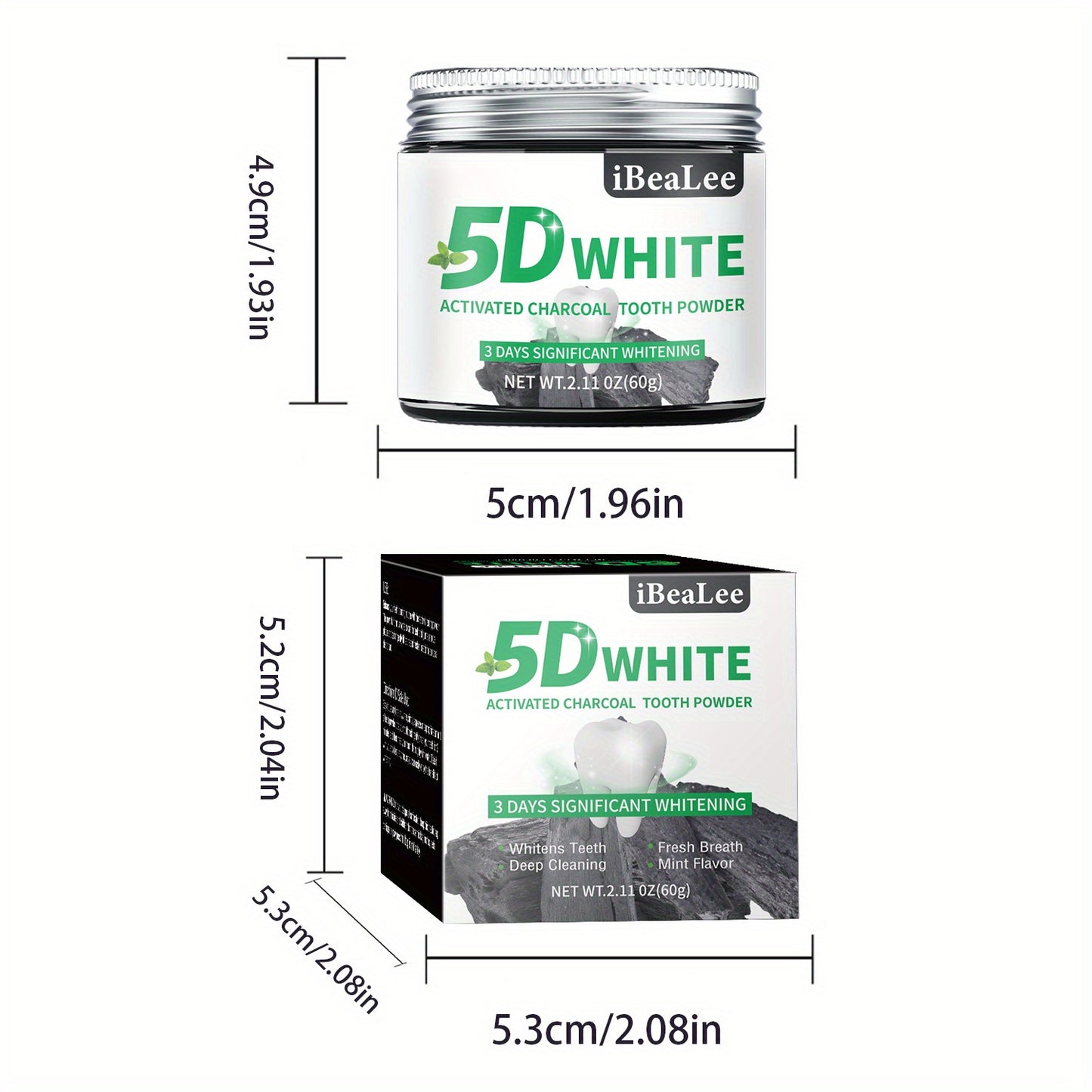 Activated charcoal powder whitens teeth, removes coffee and tea stains, freshens breath, and polishes teeth for daily use by both men and women.