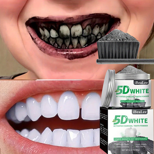 Activated charcoal powder whitens teeth, removes coffee and tea stains, freshens breath, and polishes teeth for daily use by both men and women.