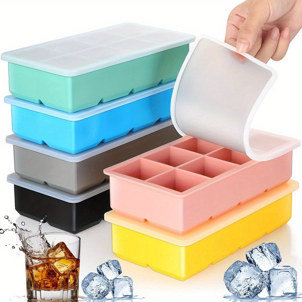 Six BPA-Free Silicone Ice Cube Trays with Lids - Large Square Ice Molds measuring 5.08 cm, 8-Cavity Stackable Whiskey Ice Cube Makers, Easy-Release & Flexible for Cocktails & Beverages