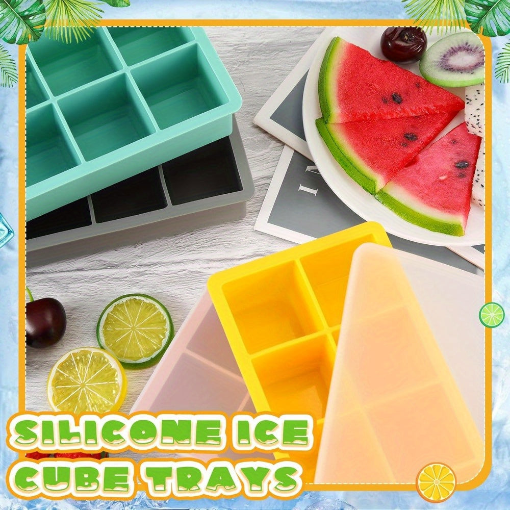 Six BPA-Free Silicone Ice Cube Trays with Lids - Large Square Ice Molds measuring 5.08 cm, 8-Cavity Stackable Whiskey Ice Cube Makers, Easy-Release & Flexible for Cocktails & Beverages