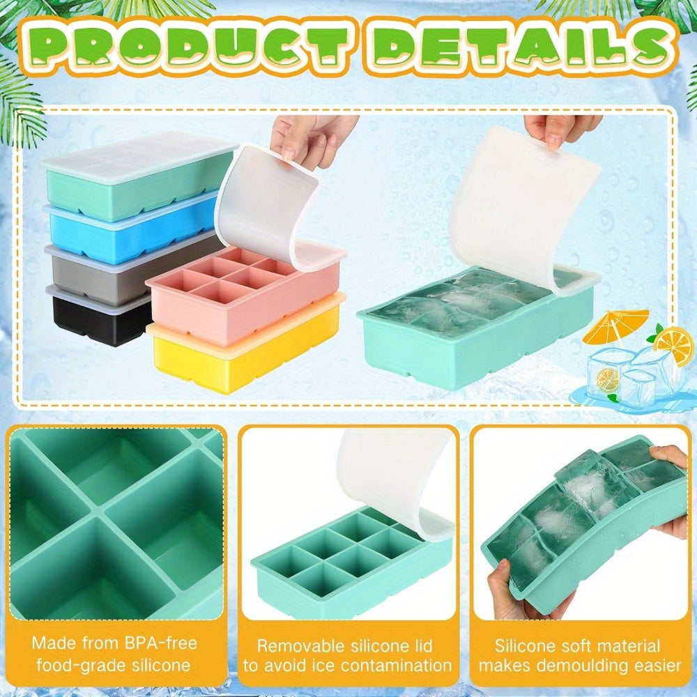 Six BPA-Free Silicone Ice Cube Trays with Lids - Large Square Ice Molds measuring 5.08 cm, 8-Cavity Stackable Whiskey Ice Cube Makers, Easy-Release & Flexible for Cocktails & Beverages