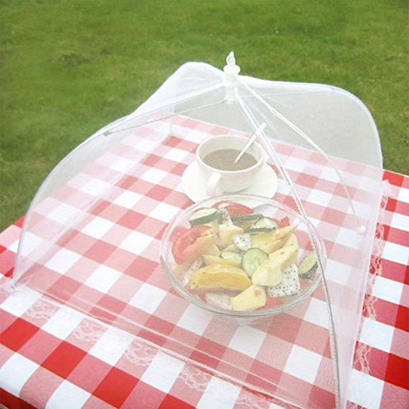 Foldable white picnic net food cover with large table cover for washing vegetables and protecting from dust.