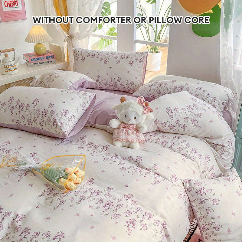 Vintage purple floral duvet cover set, includes duvet cover, flat sheet, and 2 pillowcases. Breathable polyester fabric with zipper closure, machine washable, suitable for all seasons.