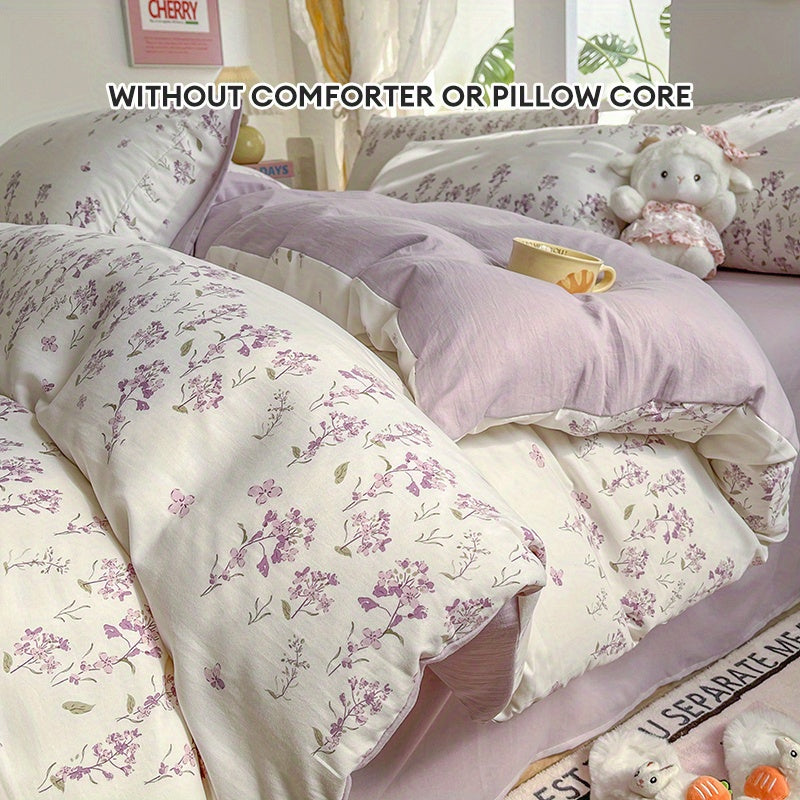 Vintage purple floral duvet cover set, includes duvet cover, flat sheet, and 2 pillowcases. Breathable polyester fabric with zipper closure, machine washable, suitable for all seasons.