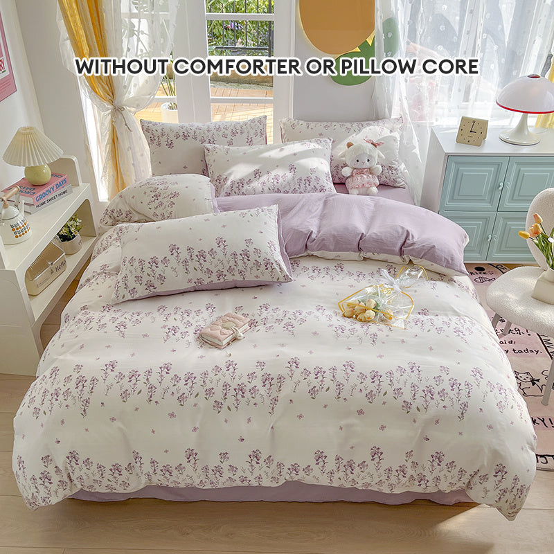 Vintage purple floral duvet cover set, includes duvet cover, flat sheet, and 2 pillowcases. Breathable polyester fabric with zipper closure, machine washable, suitable for all seasons.