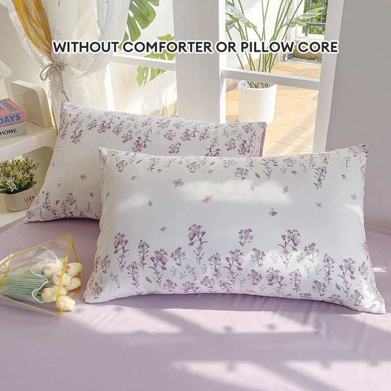 Vintage purple floral duvet cover set, includes duvet cover, flat sheet, and 2 pillowcases. Breathable polyester fabric with zipper closure, machine washable, suitable for all seasons.