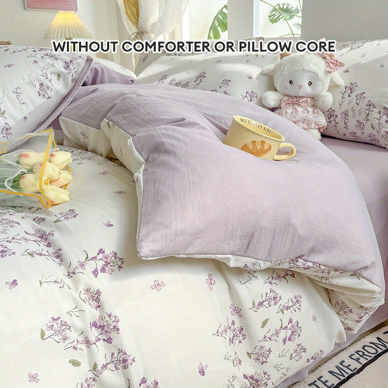 Vintage purple floral duvet cover set, includes duvet cover, flat sheet, and 2 pillowcases. Breathable polyester fabric with zipper closure, machine washable, suitable for all seasons.