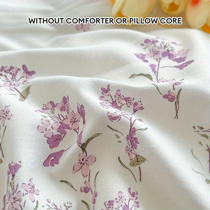 Vintage purple floral duvet cover set, includes duvet cover, flat sheet, and 2 pillowcases. Breathable polyester fabric with zipper closure, machine washable, suitable for all seasons.