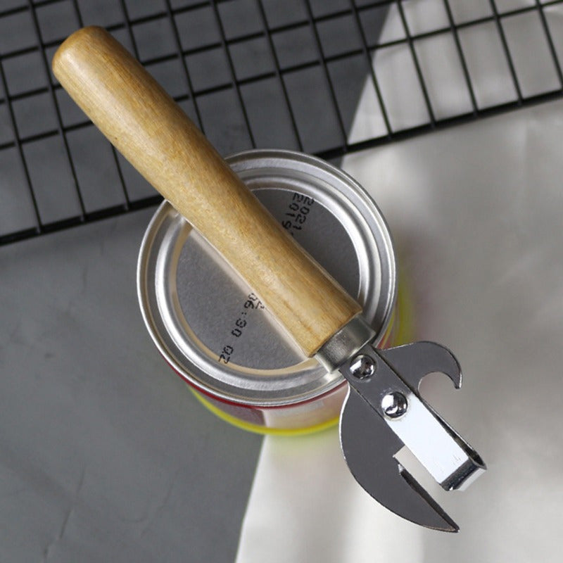 Multi-functional can and beer bottle opener with wooden handle and stainless steel tin opener, essential kitchen tool.