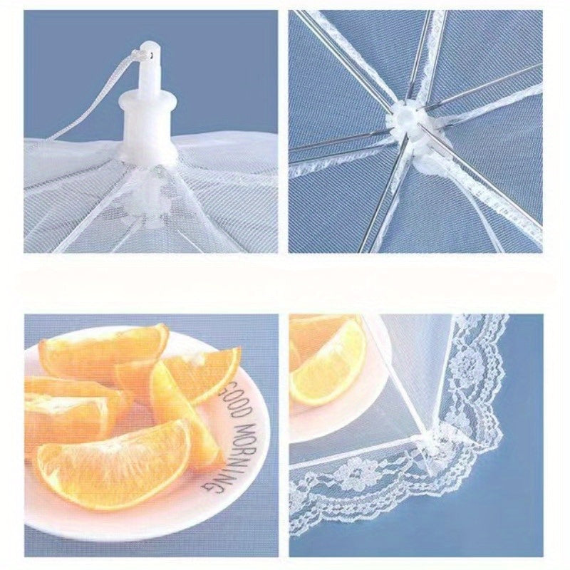 White portable mesh food cover for picnics and travel, protecting food from insects and dust.