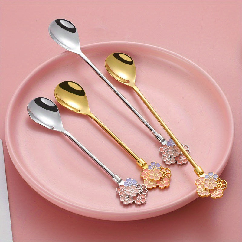 A coffee spoon featuring a cherry blossom design crafted from durable 304 stainless steel, an INS style spoon, a 304 stainless steel long-handled spoon, a mug spoon, a dessert spoon, and a luxurious golden spoon.