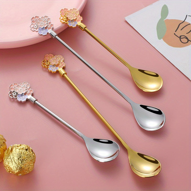 A coffee spoon featuring a cherry blossom design crafted from durable 304 stainless steel, an INS style spoon, a 304 stainless steel long-handled spoon, a mug spoon, a dessert spoon, and a luxurious golden spoon.