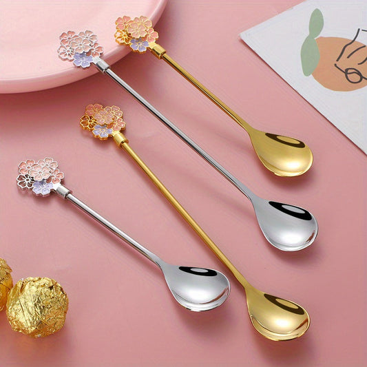 A coffee spoon featuring a cherry blossom design crafted from durable 304 stainless steel, an INS style spoon, a 304 stainless steel long-handled spoon, a mug spoon, a dessert spoon, and a luxurious golden spoon.