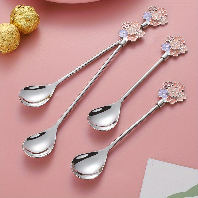 A coffee spoon featuring a cherry blossom design crafted from durable 304 stainless steel, an INS style spoon, a 304 stainless steel long-handled spoon, a mug spoon, a dessert spoon, and a luxurious golden spoon.