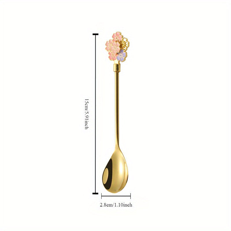 A coffee spoon featuring a cherry blossom design crafted from durable 304 stainless steel, an INS style spoon, a 304 stainless steel long-handled spoon, a mug spoon, a dessert spoon, and a luxurious golden spoon.