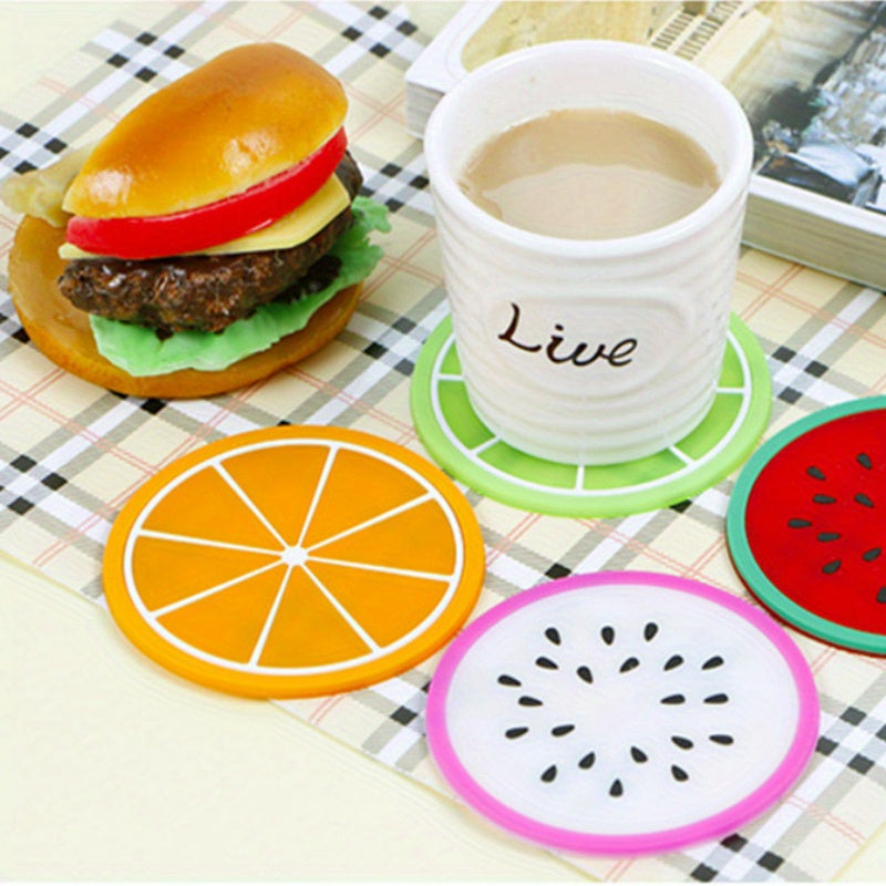 Fruity Cartoon Coaster Set - Heat-Resistant Silicone, Anti-Slip Design, Perfect for Tea Cups and Bowls, Ideal for Home and Office - No Need for Electricity, Made from Durable Plastic, Non-Wood Material.