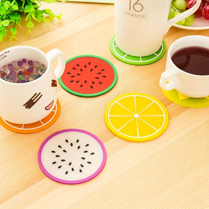 Fruity Cartoon Coaster Set - Heat-Resistant Silicone, Anti-Slip Design, Perfect for Tea Cups and Bowls, Ideal for Home and Office - No Need for Electricity, Made from Durable Plastic, Non-Wood Material.