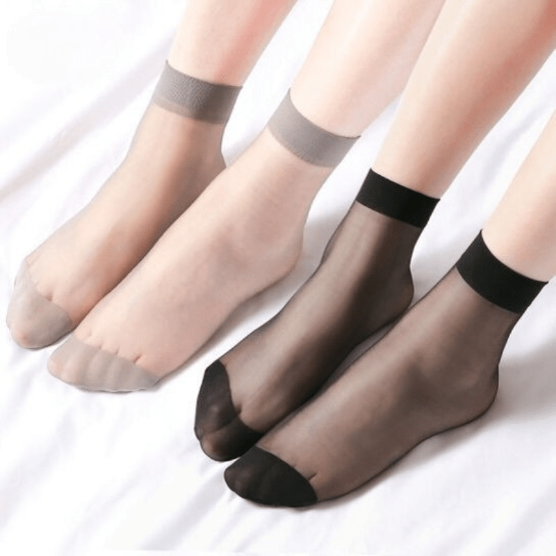 10 pairs of summer silk socks for women, made with thin knit fabric that is anti-hook and invisible. Available in solid black, grey, and light beige. Made with 100% silk and weighs 2g/m².