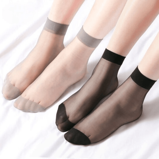 10 pairs of summer silk socks for women, made with thin knit fabric that is anti-hook and invisible. Available in solid black, grey, and light beige. Made with 100% silk and weighs 2g/m².