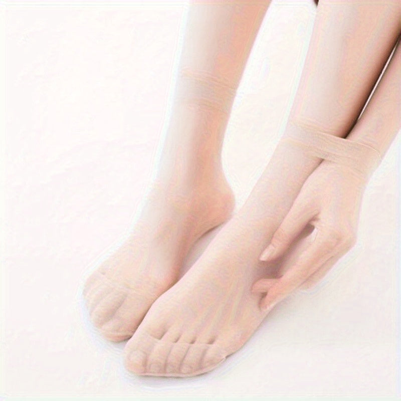 10 pairs of summer silk socks for women, made with thin knit fabric that is anti-hook and invisible. Available in solid black, grey, and light beige. Made with 100% silk and weighs 2g/m².