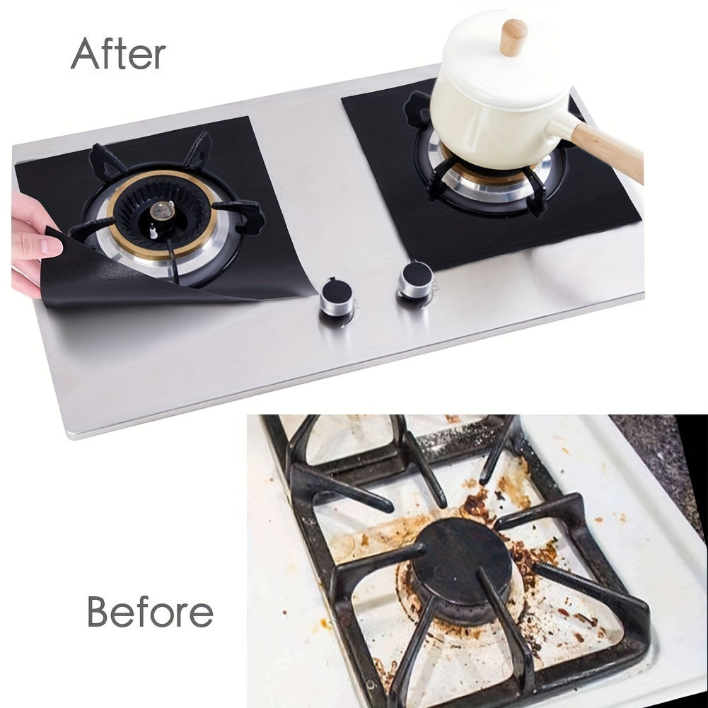 Stove Burner Covers (10.6" X 10.6") in a pack of 4 or 8, Black Gas Stove Protectors with 0.2mm Double Thickness. These covers are Reusable, Non-Stick, and Fast Clean Liners for your kitchen/cooking needs. BPA Free and perfect for use as Kitchen Gadgets