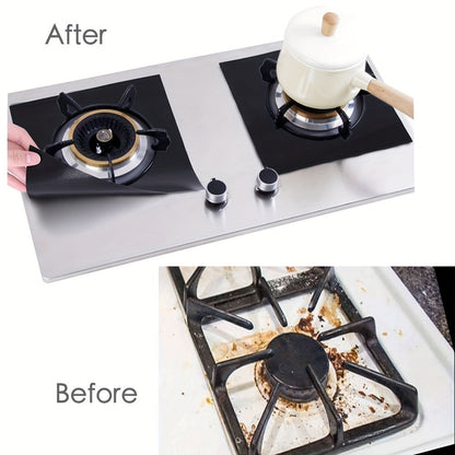 Stove Burner Covers (10.6" X 10.6") in a pack of 4 or 8, Black Gas Stove Protectors with 0.2mm Double Thickness. These covers are Reusable, Non-Stick, and Fast Clean Liners for your kitchen/cooking needs. BPA Free and perfect for use as Kitchen Gadgets