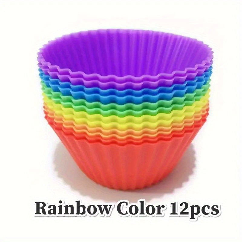 Set of 12 vibrant silicone muffin cups, perfect for baking and decorating cupcakes. These reusable liners are made from food-safe materials, making them a must-have accessory for your kitchen.