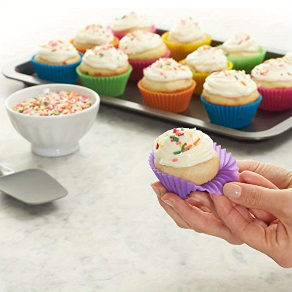 Set of 12 vibrant silicone muffin cups, perfect for baking and decorating cupcakes. These reusable liners are made from food-safe materials, making them a must-have accessory for your kitchen.