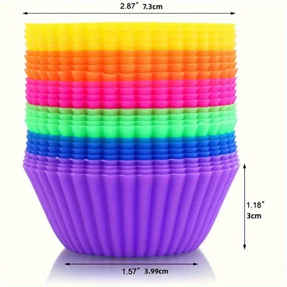 Set of 12 vibrant silicone muffin cups, perfect for baking and decorating cupcakes. These reusable liners are made from food-safe materials, making them a must-have accessory for your kitchen.