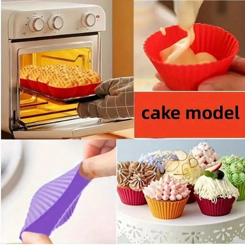 Set of 12 vibrant silicone muffin cups, perfect for baking and decorating cupcakes. These reusable liners are made from food-safe materials, making them a must-have accessory for your kitchen.