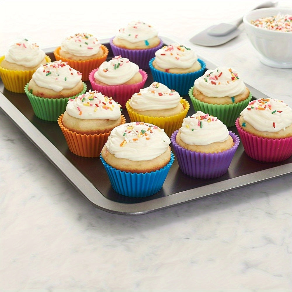 Set of 12 vibrant silicone muffin cups, perfect for baking and decorating cupcakes. These reusable liners are made from food-safe materials, making them a must-have accessory for your kitchen.