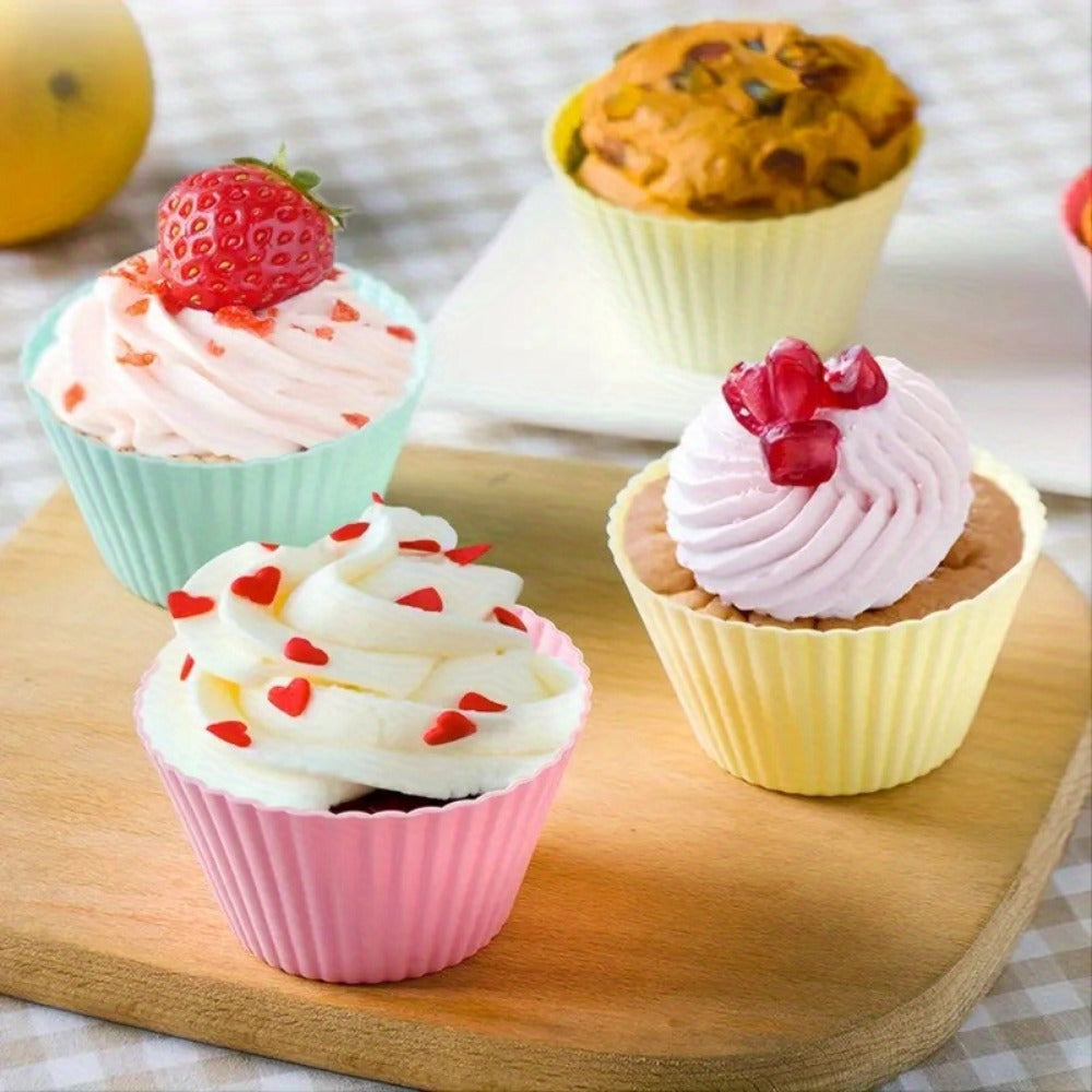 Set of 12 vibrant silicone muffin cups, perfect for baking and decorating cupcakes. These reusable liners are made from food-safe materials, making them a must-have accessory for your kitchen.