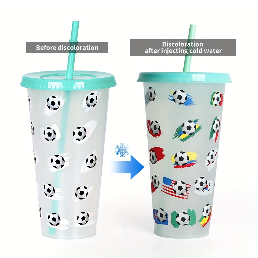 24oz PP haroratni sezuvchi plastik qalam stakan sovuq bo'lganda rangini o'zgartiradi, futbol dizayni, sovg'a.