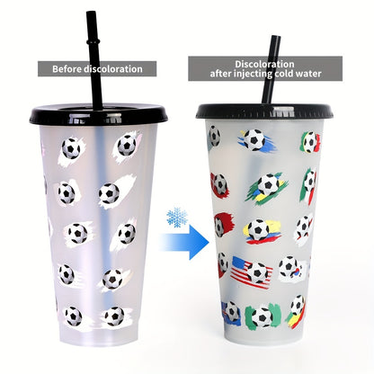 24oz PP haroratni sezuvchi plastik qalam stakan sovuq bo'lganda rangini o'zgartiradi, futbol dizayni, sovg'a.