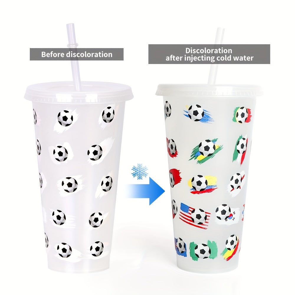 24oz PP haroratni sezuvchi plastik qalam stakan sovuq bo'lganda rangini o'zgartiradi, futbol dizayni, sovg'a.