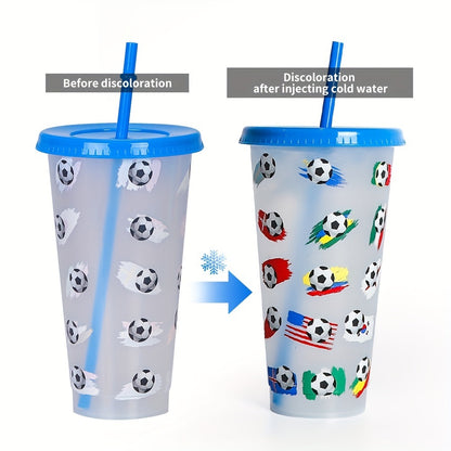 24oz PP temperature sensing plastic straw cup changes color when cold, football design, gift.