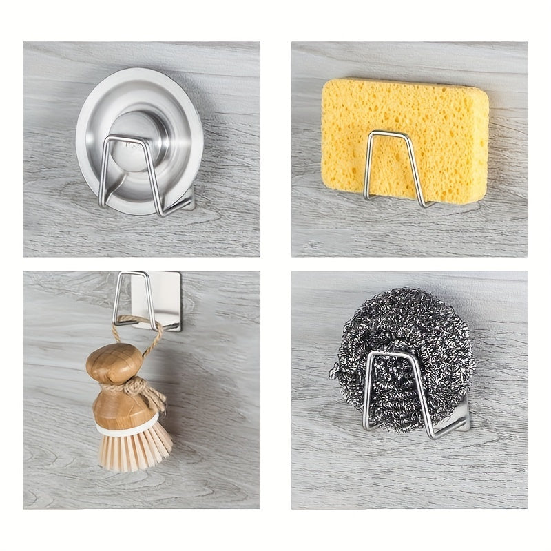 Stainless steel sponge holder mounts on wall for easy access, keeps surfaces clean.