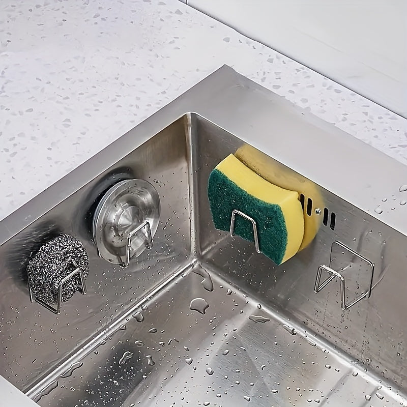 Stainless steel sponge holder mounts on wall for easy access, keeps surfaces clean.