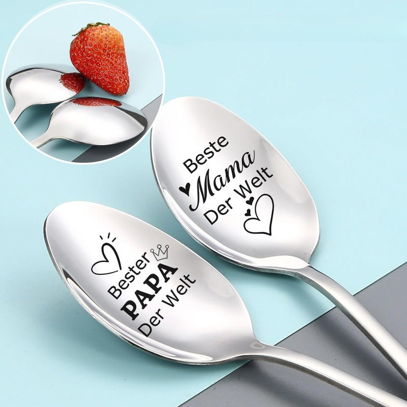 Set of 2 Stainless Steel Coffee Spoons with Engraved Messages Celebrating Parents as Best Mom and Dad - Perfect Gifts for Christmas and Birthdays