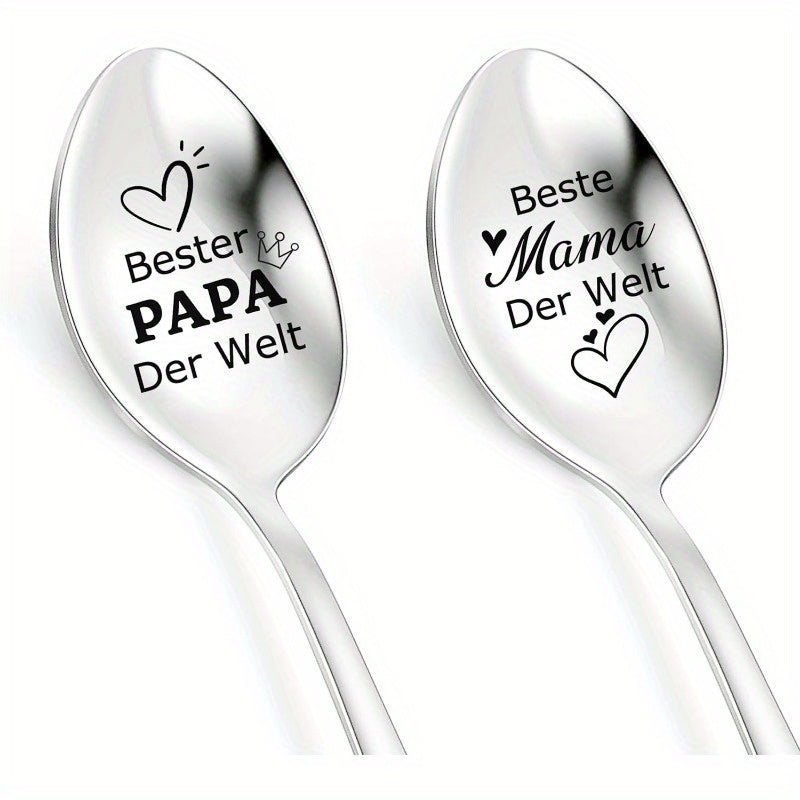 Set of 2 Stainless Steel Coffee Spoons with Engraved Messages Celebrating Parents as Best Mom and Dad - Perfect Gifts for Christmas and Birthdays