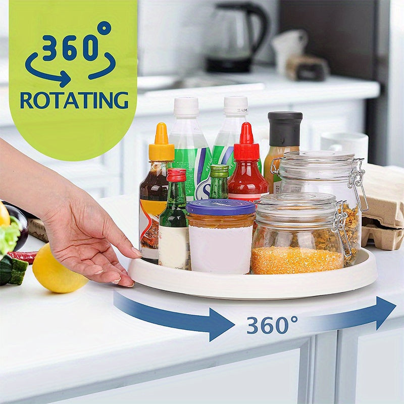 Versatile Rotating Kitchen Organizer in White - Plastic Round Turntable with Gray Non-Slip Mat for Spices, Oils, Vinegars & Snacks - Perfect for Countertop or Fridge Storage - Ideal Kitchen Turntable Organizer