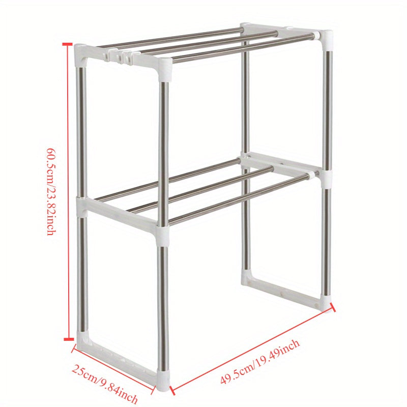 Adjustable stainless steel microwave shelf with multiple layers for kitchen storage, also suitable for electrical appliances and shoes.