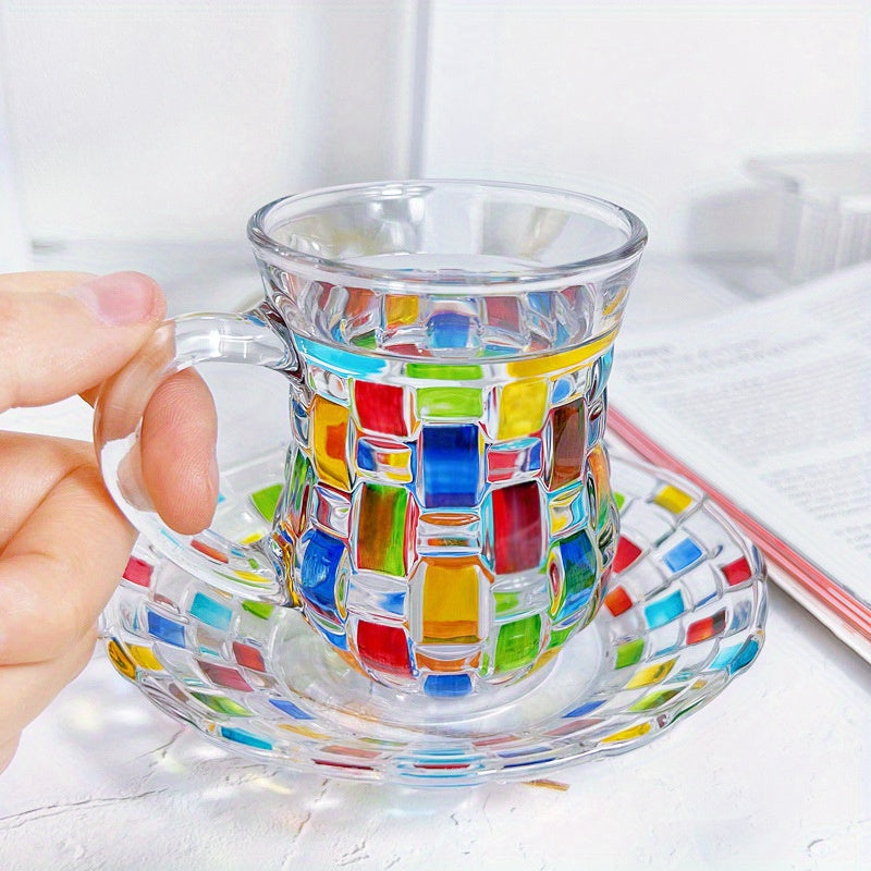 Hand-painted color grid coffee cup and saucer set with European style, perfect for home use.