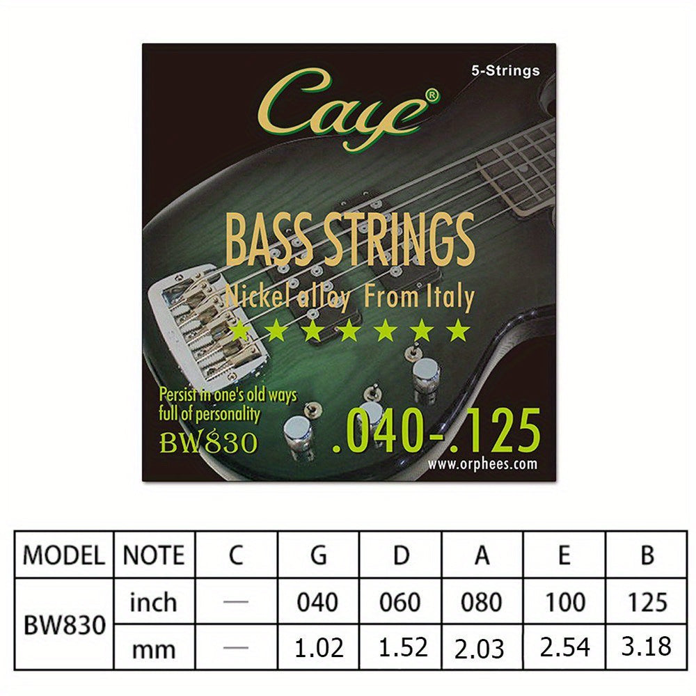 CAYE Bass Guitar Strings Set with coated polished steel roundwound nickel alloy from Italy and hexagonal core. Available for 4/5/6 string basses in BW730, BW830, BW930 packs.