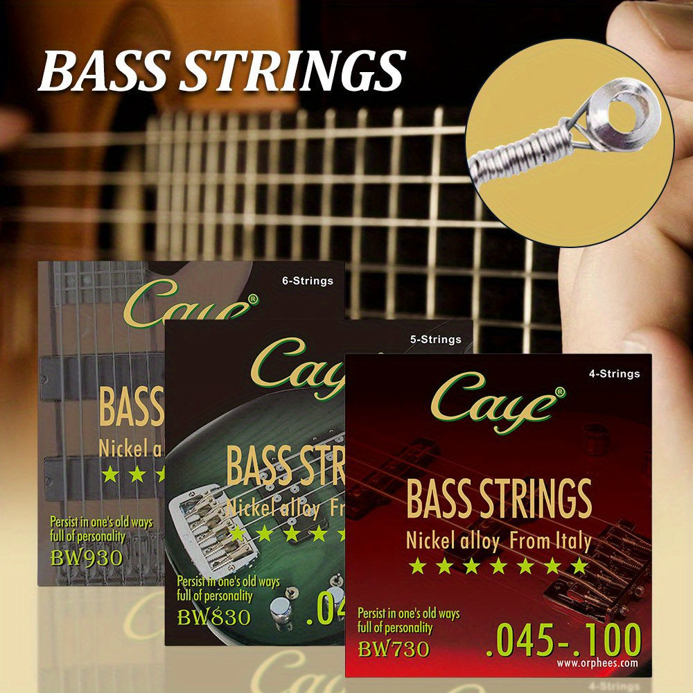 CAYE Bass Guitar Strings Set with coated polished steel roundwound nickel alloy from Italy and hexagonal core. Available for 4/5/6 string basses in BW730, BW830, BW930 packs.