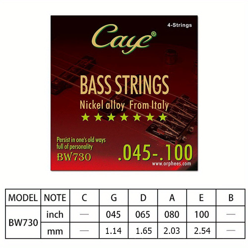 CAYE Bass Guitar Strings Set with coated polished steel roundwound nickel alloy from Italy and hexagonal core. Available for 4/5/6 string basses in BW730, BW830, BW930 packs.